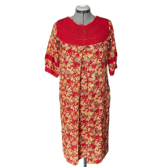 Vintage Dresses & Skirts - Vintage Red Floral Handmade 70's Boho Cottagecore Maternity Dress Mumu